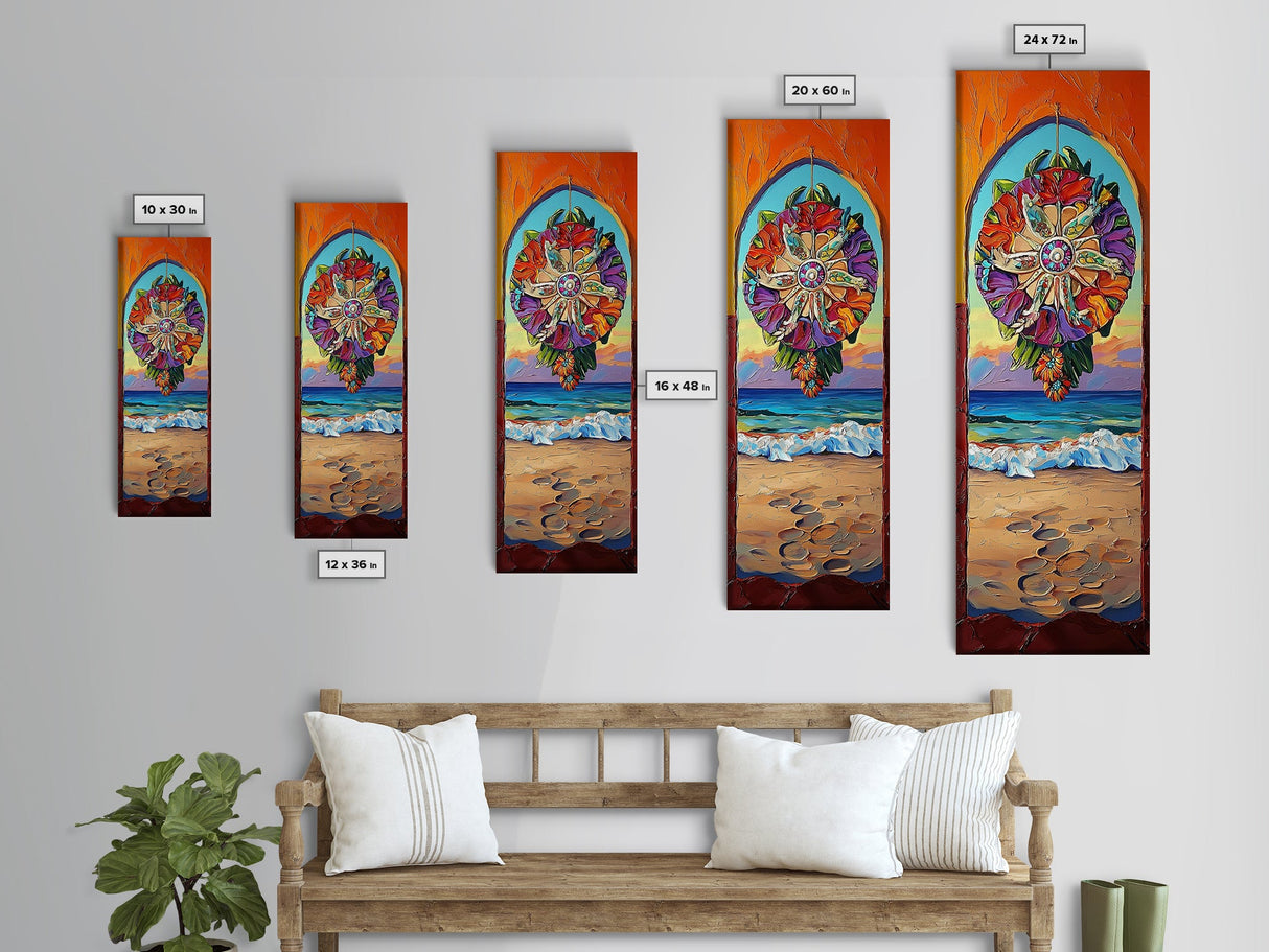Sunset Beach, Mandala, Coastal Archway Framed Canvas Print, Boho Ocean Wall Art, Vibrant Entryway Decor, Spiritual Coastal Style