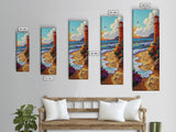 Lighthouse Beach, Nautical, Sunset Glow Framed Canvas Print, Ocean Wall Art, Coastal Living Room Decor, Seaside Boho Painting