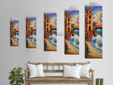 Coastal Villa, Sunset, Ocean Waves Framed Canvas Print, Mediterranean Style Wall Art, Colorful Beach Home Decor, Seaside Painting