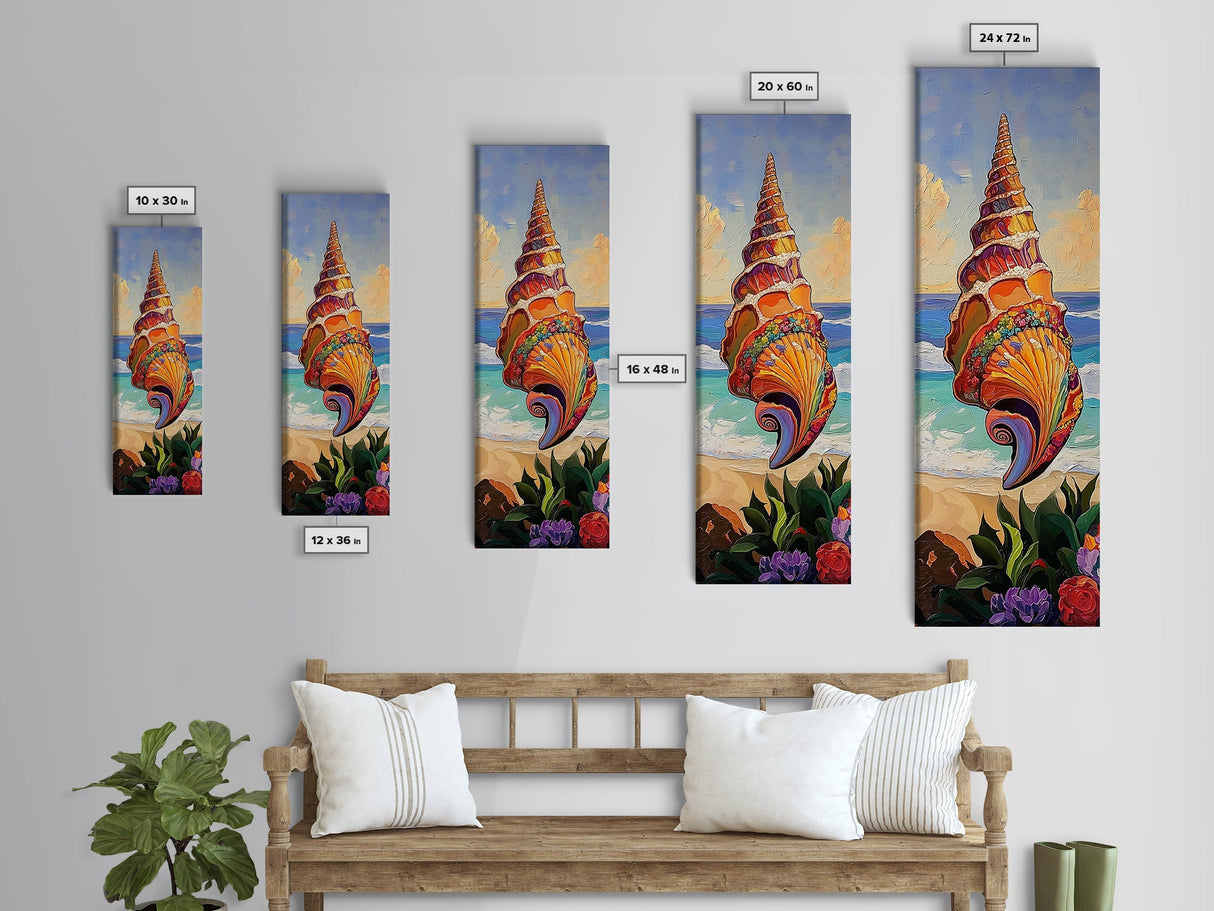 Seashell Ocean, Spiral, Framed Canvas Print, Coastal Wall Art, Bright Beach House Decor, Ocean Life Inspired Bathroom Accent