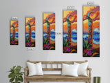 Sunset Waves, Flowers, Canvas Print, Tropical sunset beach painting with waves and floral details, boho decor, hallway wall art