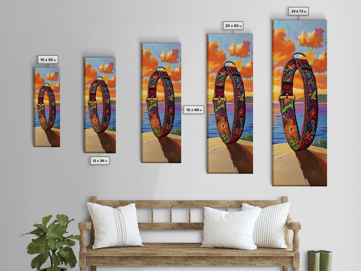 Dog Collar, Sunset, Framed Canvas Print, Colorful dog collar painting at beach sunset, pet lover gift, eclectic decor, mudroom wall art