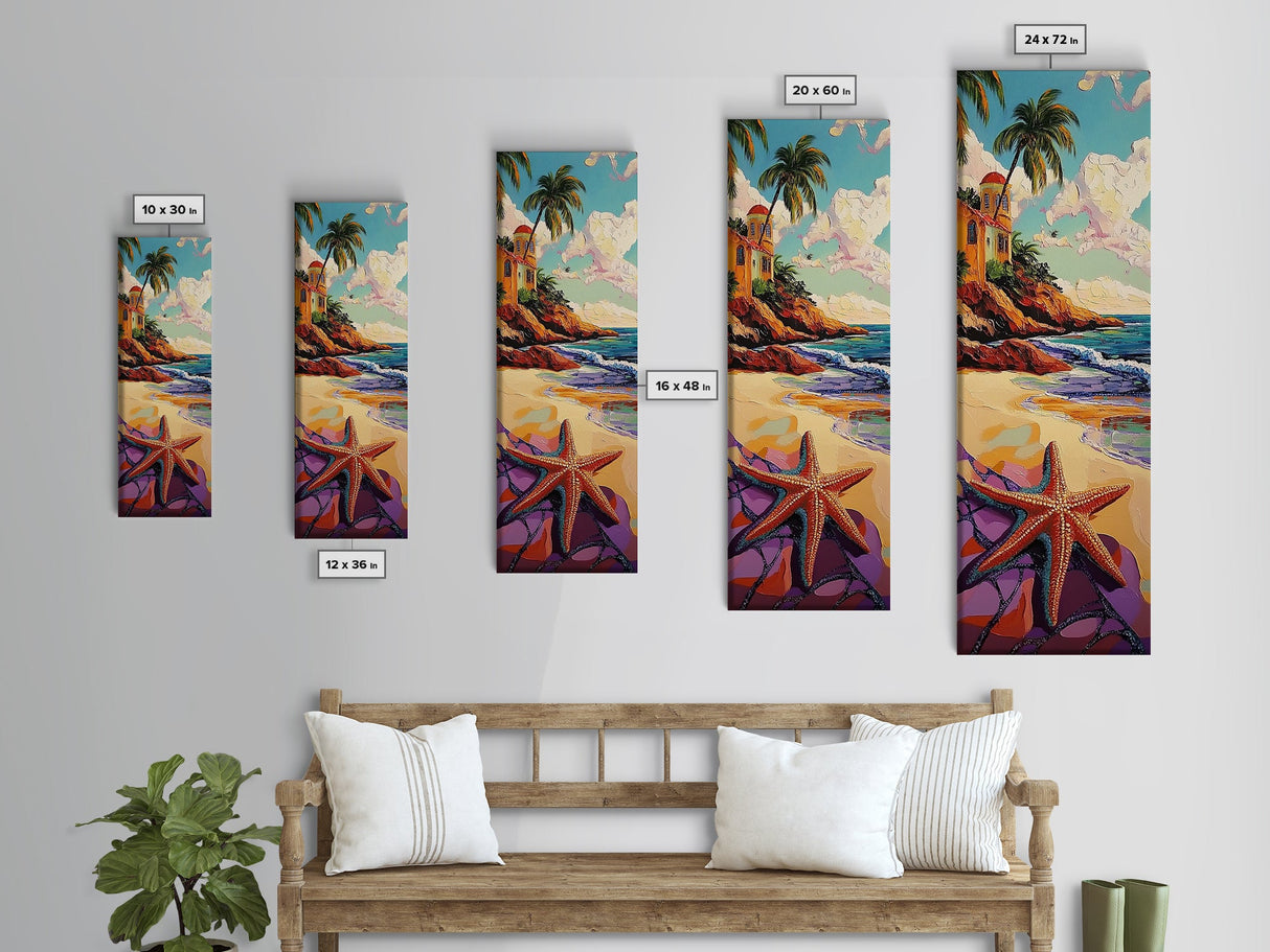 Starfish Beach, Tropical, Canvas Print, Coastal starfish painting with vivid shore and ocean view, beach house decor, guest room wall art