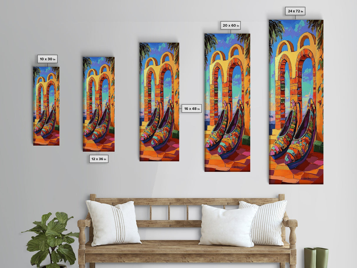 Shoes Archway, Sunset, Canvas Print, Colorful heels with sunset archway background painting, eclectic fashion art, bedroom decor