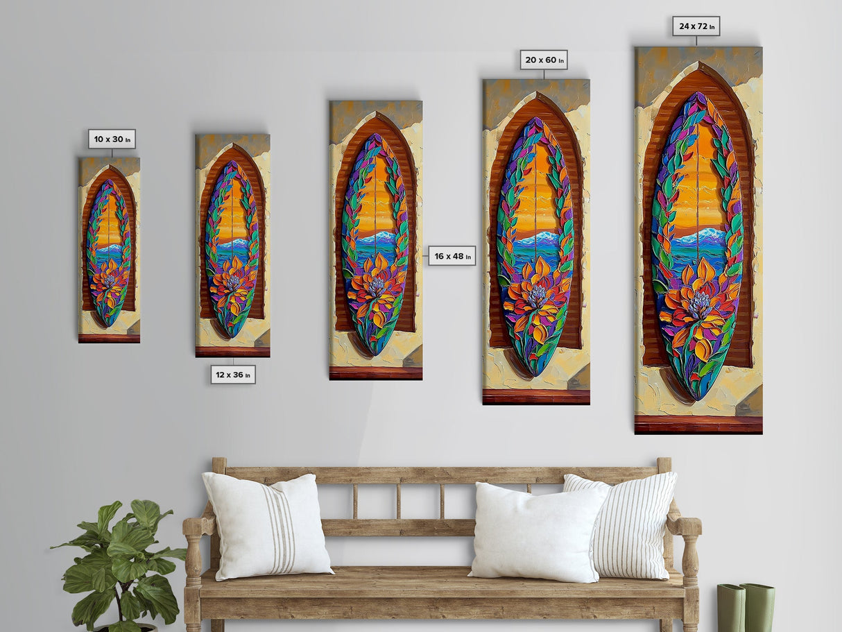Surfboard Flower, Ocean, Framed Canvas Print, Tropical Beach Wall Art, Boho Coastal Decor, Colorful Surfboard Painting, Bedroom Art