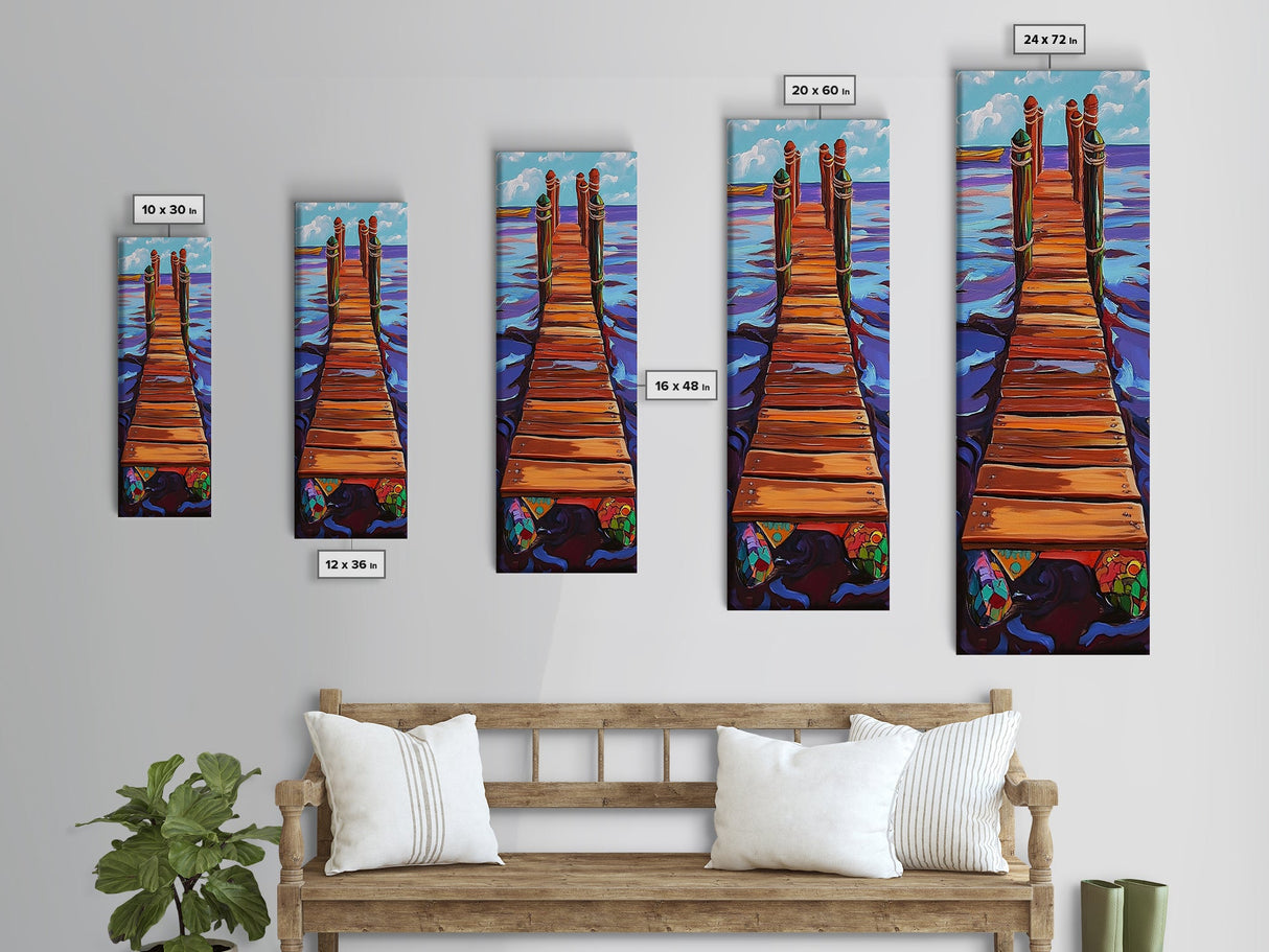 Dock Ocean, Pier, Framed Canvas Print, Seaside Wall Art, Nautical Coastal Decor, Whimsical Ocean Painting, Beach House Style