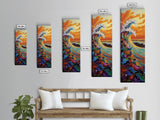 Ocean Wave, Sunset, Splash - Framed Canvas Print coastal wall art, colorful seascape decor, vibrant wave art, living room beach painting
