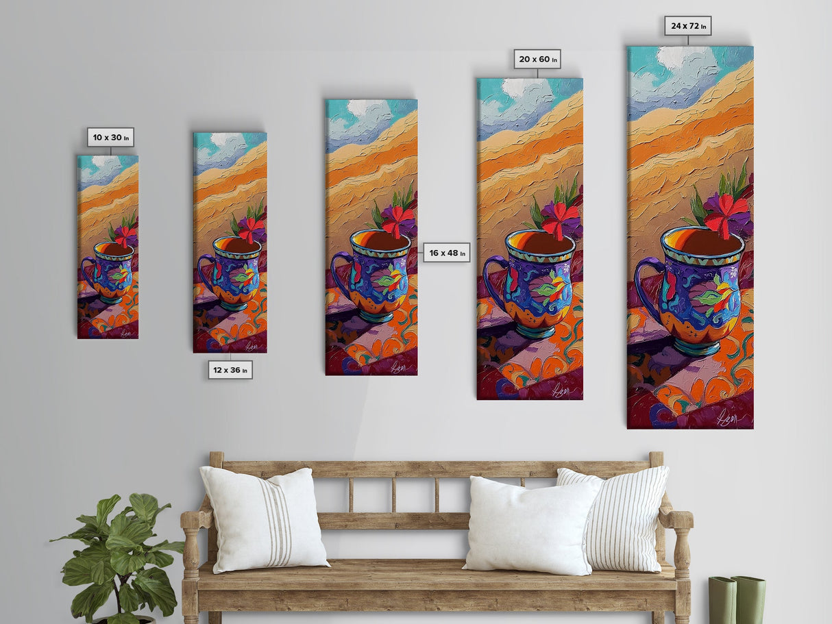Cup Hibiscus, Coffee, Bold - Framed Canvas Print coffee lover gift, tropical mug painting, breakfast nook decor, colorful boho wall art