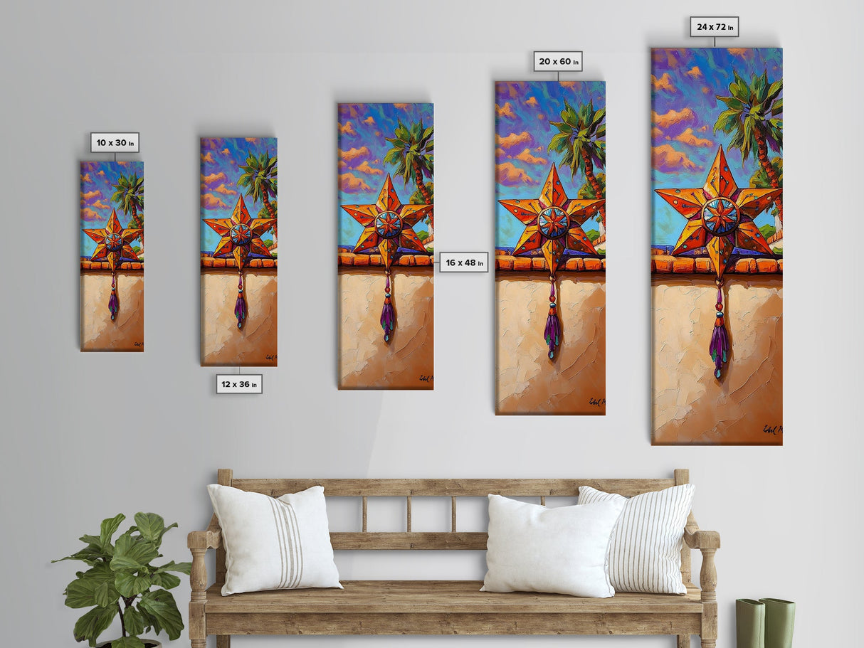 Star Sunset, Fiesta, Palm - Canvas Print Mexican star art, vibrant outdoor wall decor, rustic fiesta painting, patio or entryway accent
