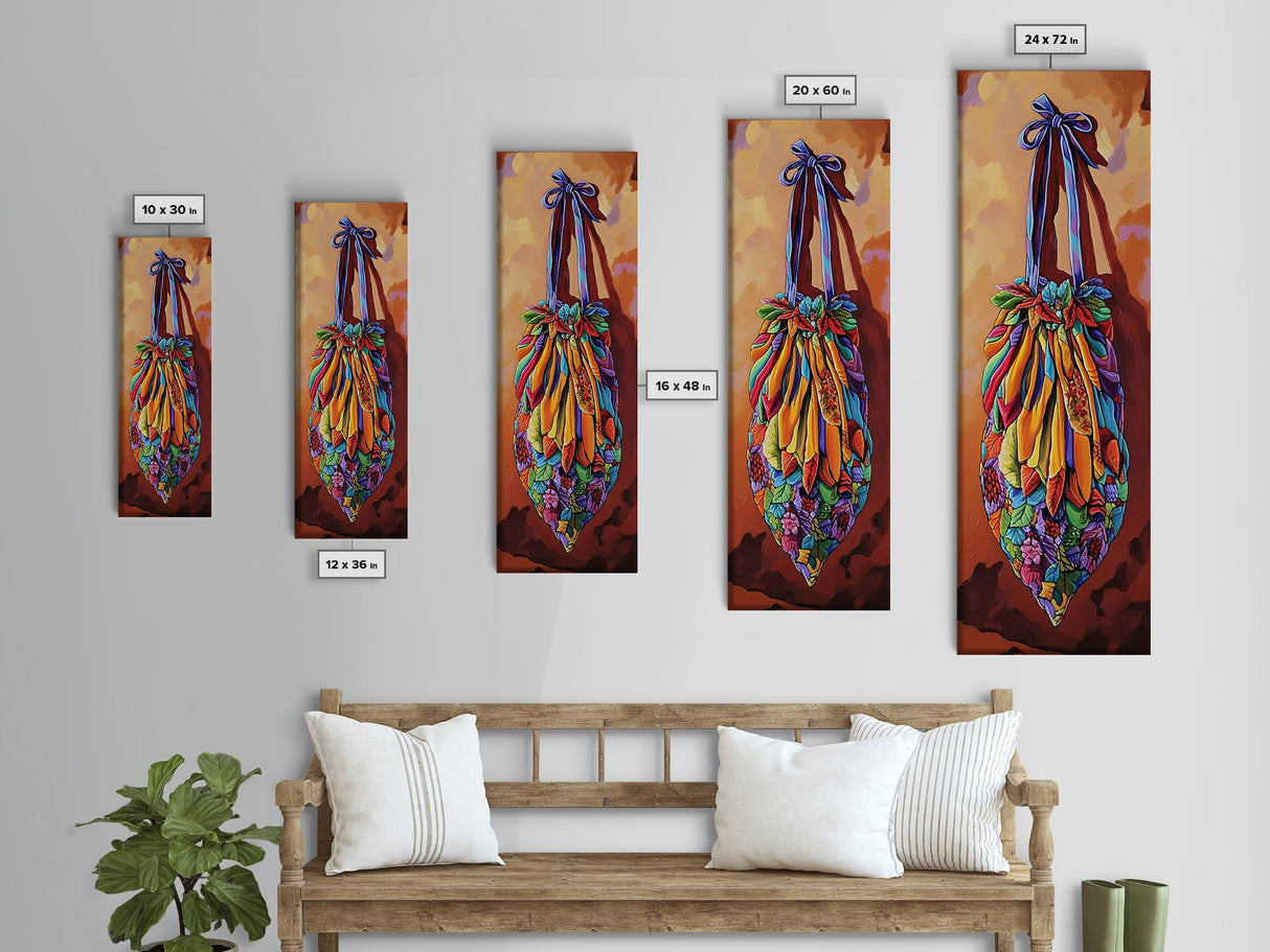 Bag Ribbon, Textiles, Fiesta - Framed Canvas Print boho textile wall art, vibrant folk art style, colorful entryway decor, Fall home accent