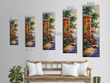 Villa Palms, Beach Colorful — Framed Canvas Print, tropical vacation home decor, beach house art, vibrant coastal scene, entryway print