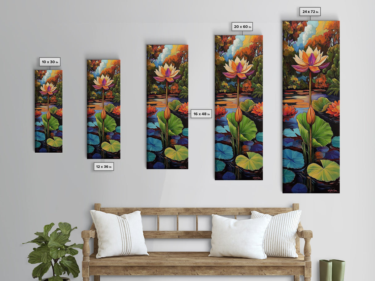 Lotus Blossom, Tranquil Pond, Fall Water Garden, Framed Canvas Print, Zen Wall Decor, Spa Bathroom Art, Peaceful Floral Meditation Art