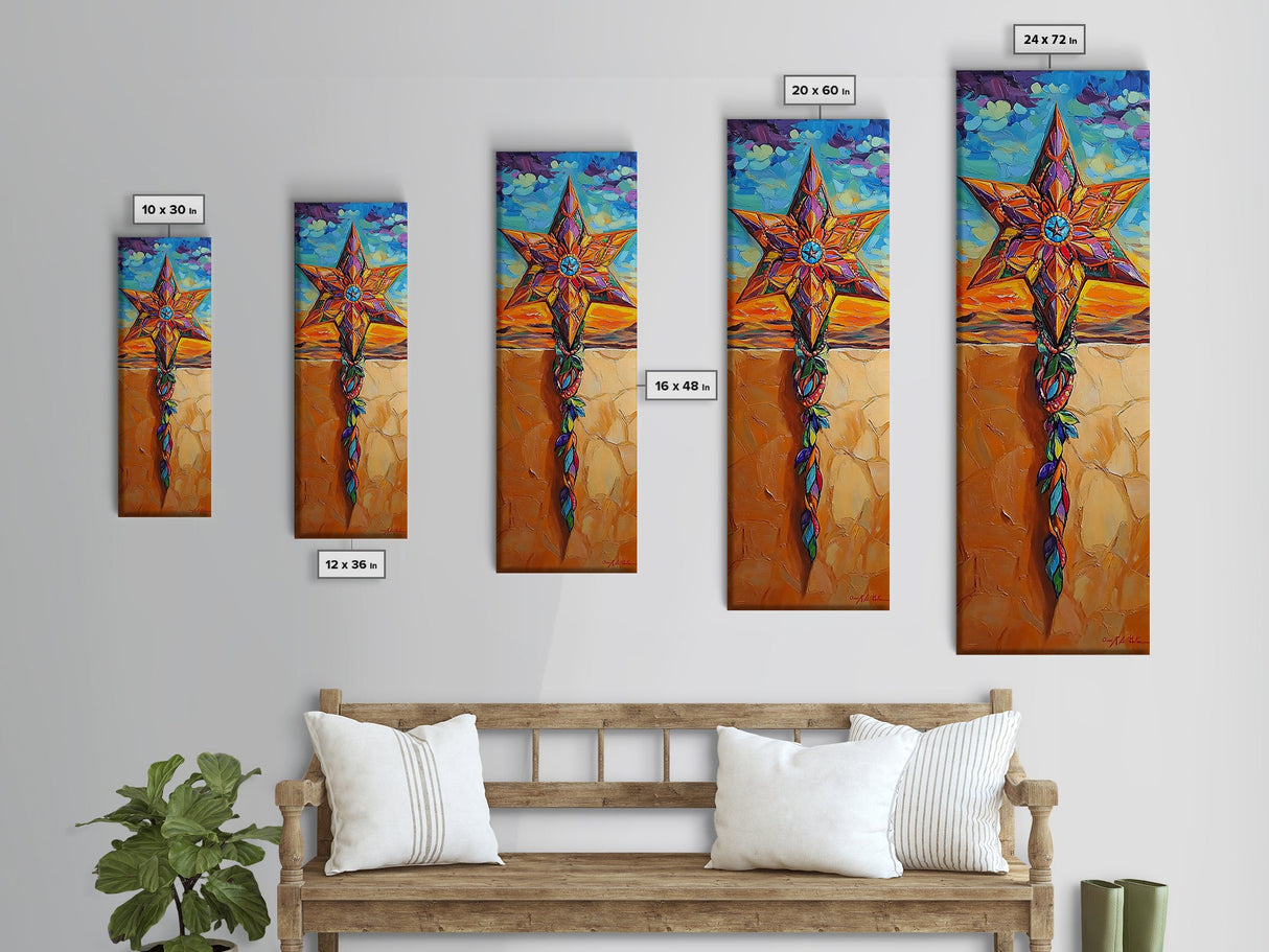 Star Cross, Colorful Sky, Spiritual Folk Symbol, Framed Canvas Print, Southwestern Wall Art, Vibrant Entryway Decor, Festive Religious Art