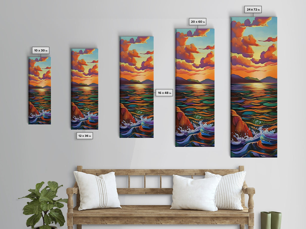 Sunset Ocean Serenity Horizon – Tranquil Coastal Wall Art, Vibrant Color Seascape, Framed Canvas Print, Bedroom or Bathroom Art