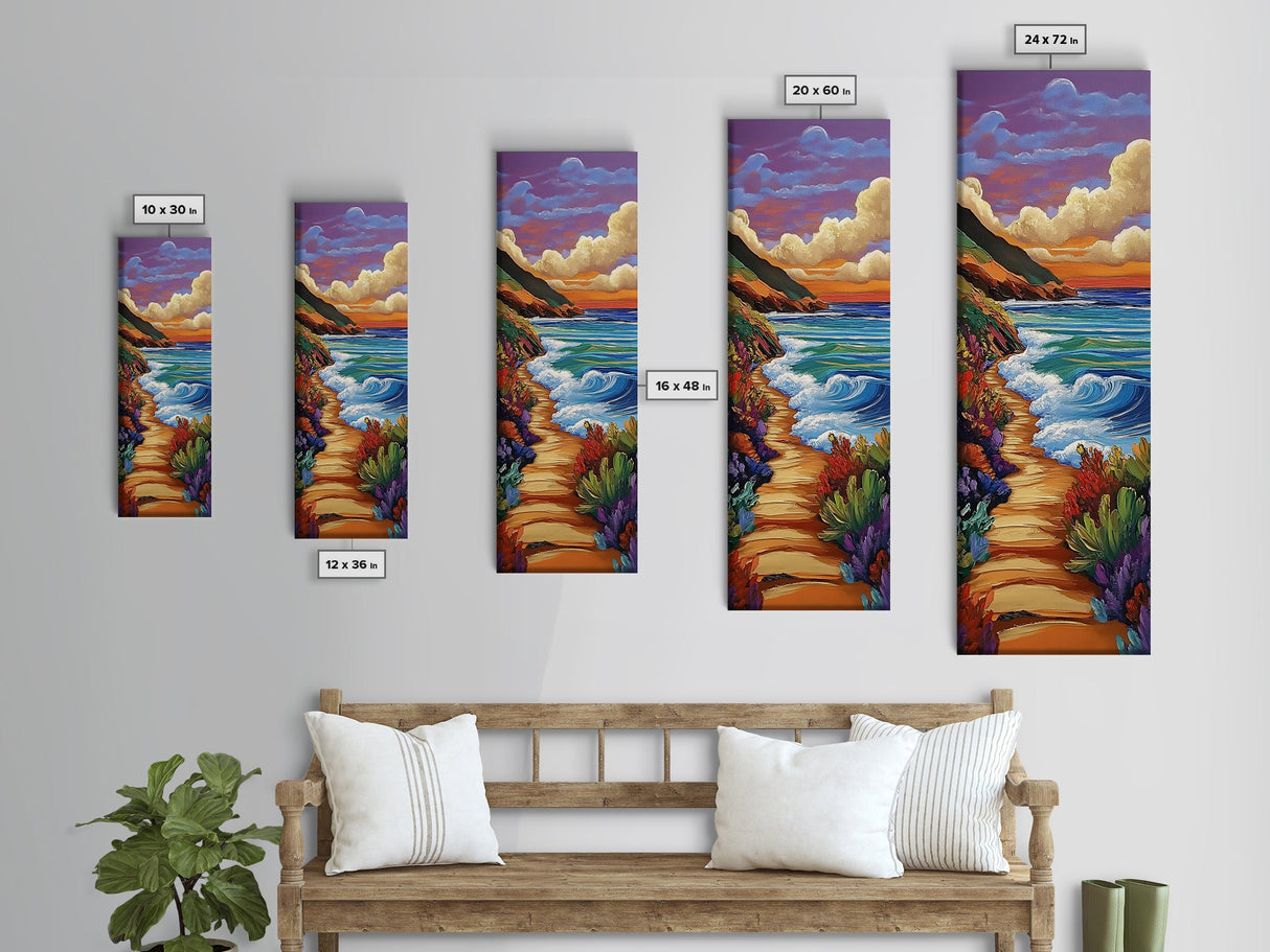 Beach Path, Coastal, Sunset, Framed Canvas Print, Ocean Wall Art, Beach House Hallway Decor, Colorful Nature Painting, Tropical Vibes