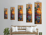 Surfboard Tropical, Sunset, Palm, Framed Canvas Print, Hawaiian surf art, beach house decor, vibrant coastal living room artwork