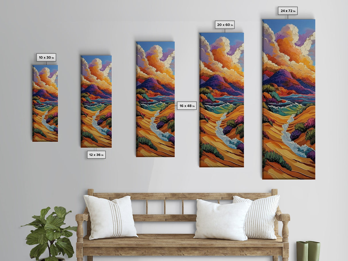 Dunes River, Mountains, Sunset, Framed Canvas Print, southwestern art, fall landscape painting, rustic home hallway wall decor