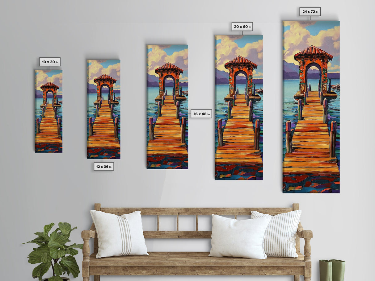 Colorful Pier, Archway, Water — Framed Canvas Print of a vibrant pier scene, coastal wall art, boho lake house decor, office accent