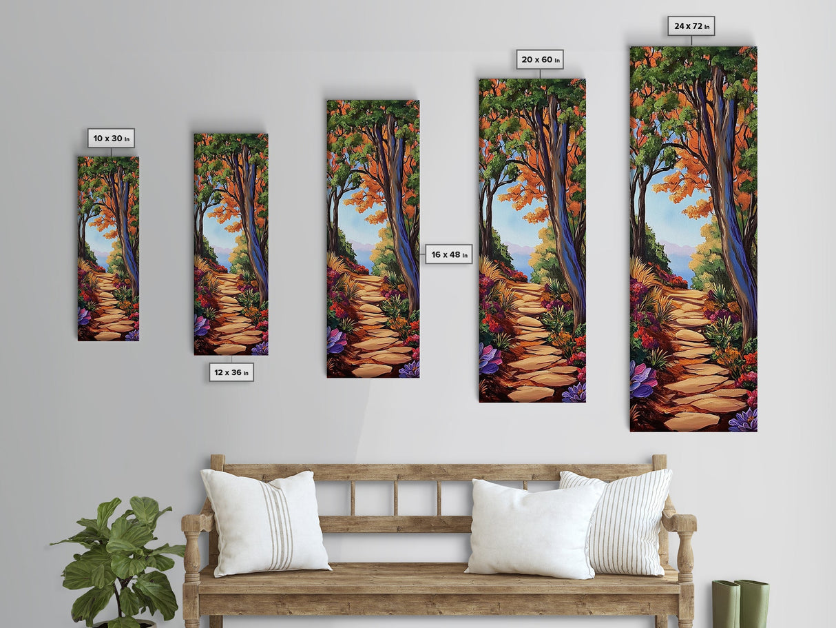 Autumn Pathway, Forest, Nature — Framed Canvas Print of scenic forest path with fall trees, cozy rustic living room wall decor, woodland art