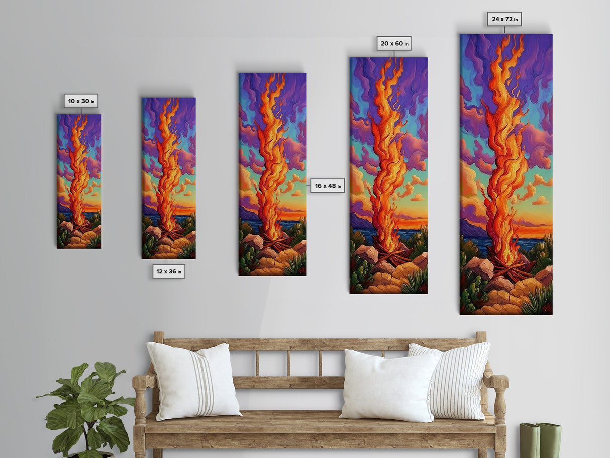 Fire Dusk, Mountains Vibrant – Scenic Bonfire Painting, Vibrant Nature Decor, Framed Canvas Print, Autumn Outdoor Living Room Art