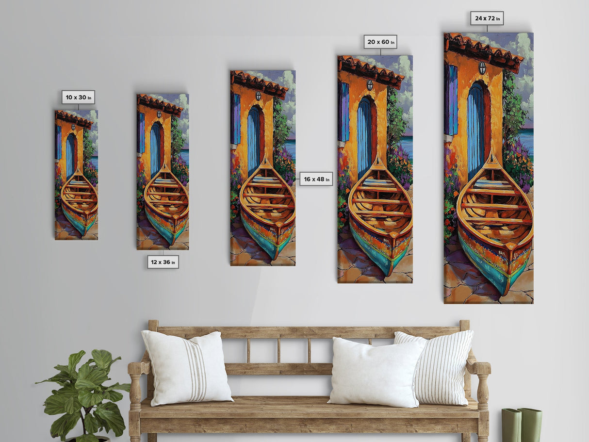 Docked Boat Flowers Villa, Framed Canvas Print, Mediterranean coastal home decor, bright rustic art, hallway wall art, summer lakehouse print