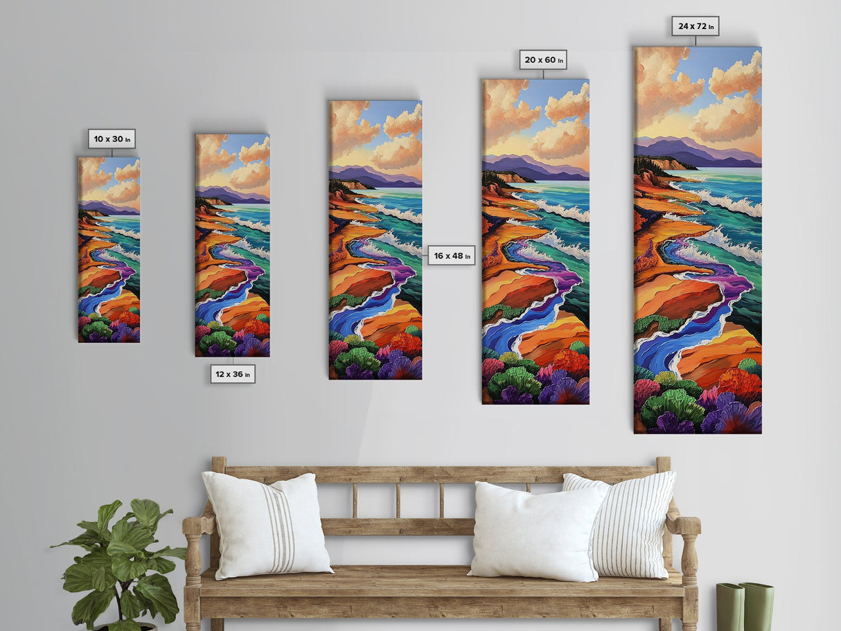 Coastal Waves, Flowers Landscape, Framed Canvas Print, Coastal wall art, beach landscape decor, boho style, bathroom or hallway art