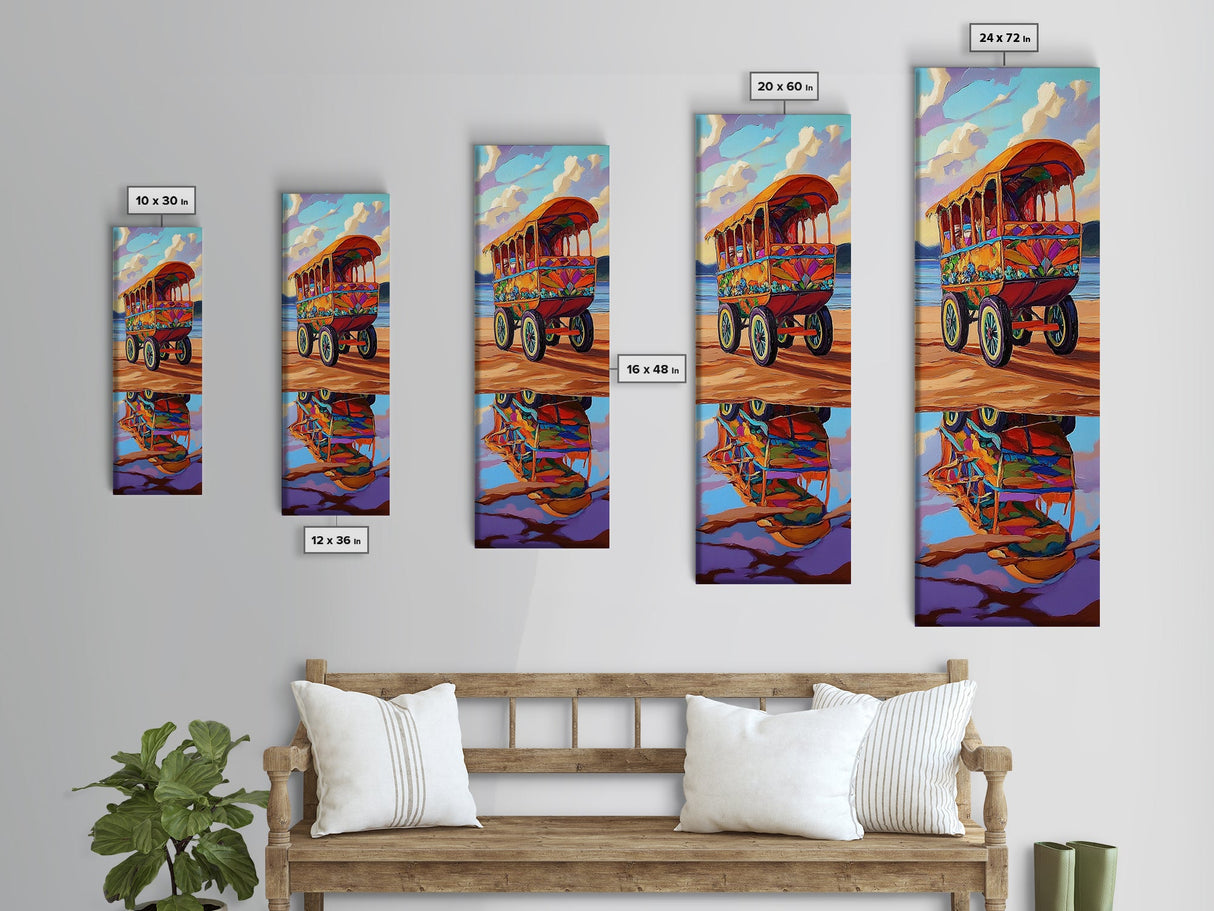 Wagon Reflection, Beach Vibrant, Framed Canvas Print, Colorful bohemian coastal art, living room decor, whimsical wall painting