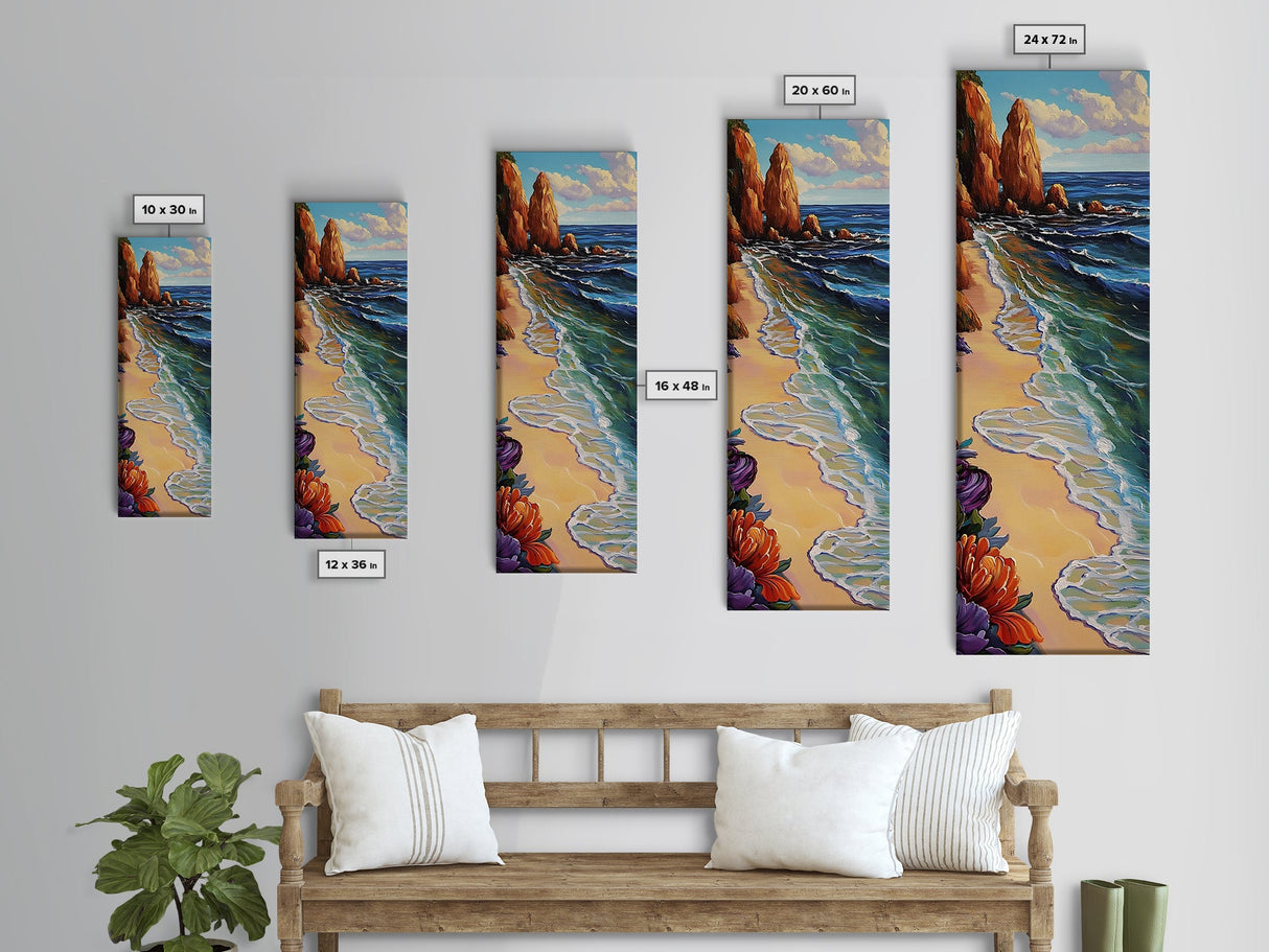 Shoreline Flowers, Ocean Tranquil, Framed Canvas Print, Coastal floral art, beach house decor, modern boho, bedroom wall art