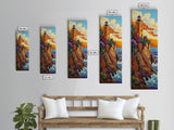 Lighthouse Sunset, Ocean Rocky, Framed Canvas Print, Nautical coastal art, lighthouse wall decor, living room or beach house art