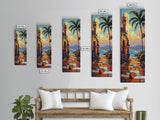 Seaside Church, Palms, Sunset - Framed Canvas Print, Mediterranean beach painting, boho villa wall art, living room or hallway accent piece