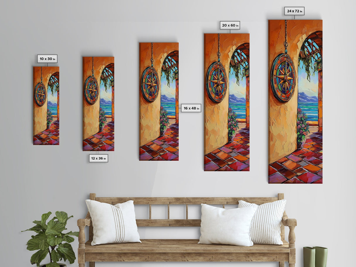 Coastal Compass, Archway View, Framed Canvas Print, Mediterranean boho home decor, nautical hallway wall art, vibrant beach escape
