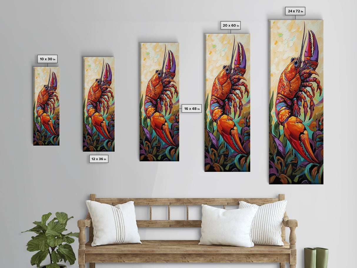 Lobster, Vibrant, Bold, Sea, Framed Canvas Print, seafood kitchen art, tropical home decor, coastal dining room, whimsical ocean painting