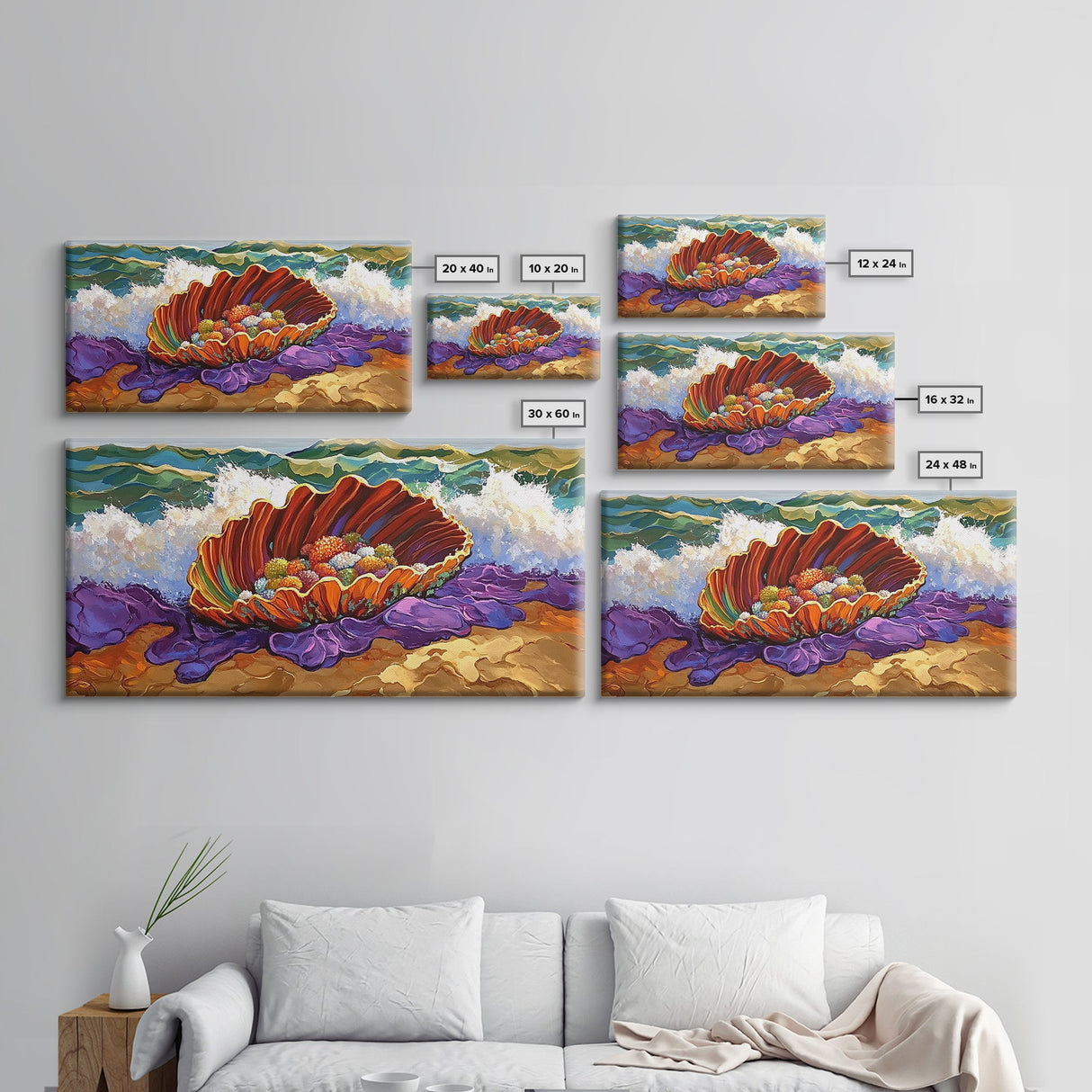 Shell Ocean, Jewel, Framed Canvas Print, Whimsical Ocean Shell Painting, Colorful Sea Treasure Wall Art, Nursery Decor