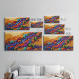 Mountains Flowers, Layers, Texture, Canvas Print, colorful impasto abstract mountain scene, modern art piece, textured fall wall decor