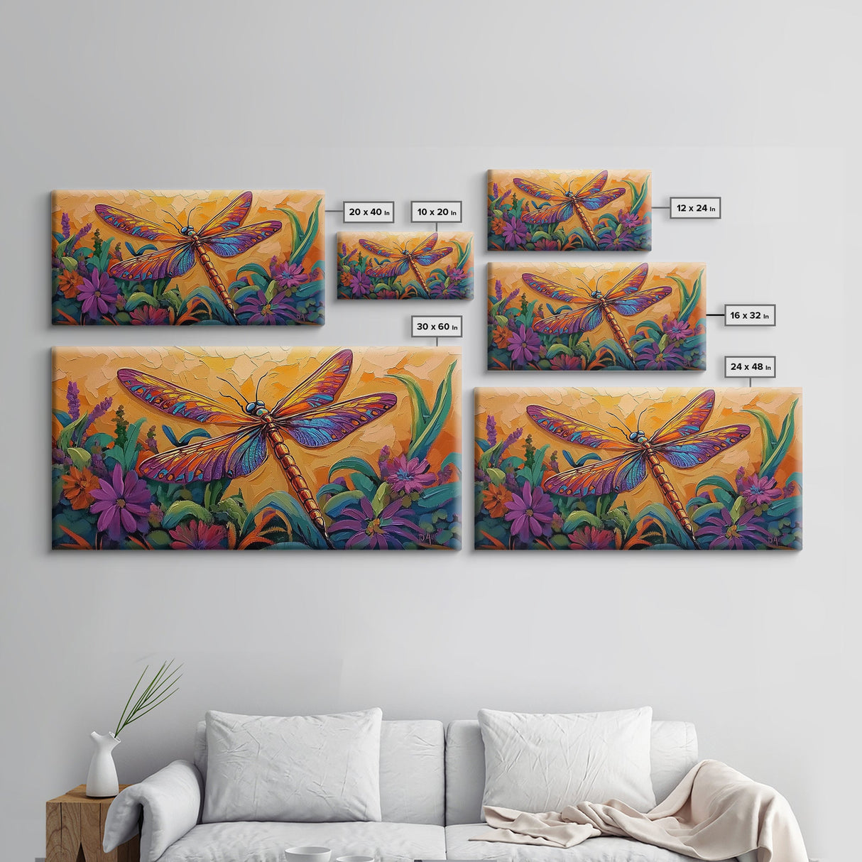 Dragonfly Garden, Sunset, Colorful Nature Canvas Print, Vibrant Insect Wall Decor, Boho Art Bedroom Accent, Summer Style