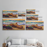 Coastal Driftwood, Waves, Sunset, Framed Canvas Print, ocean beach decor, colorful seascape, tropical wall art, living room wall art