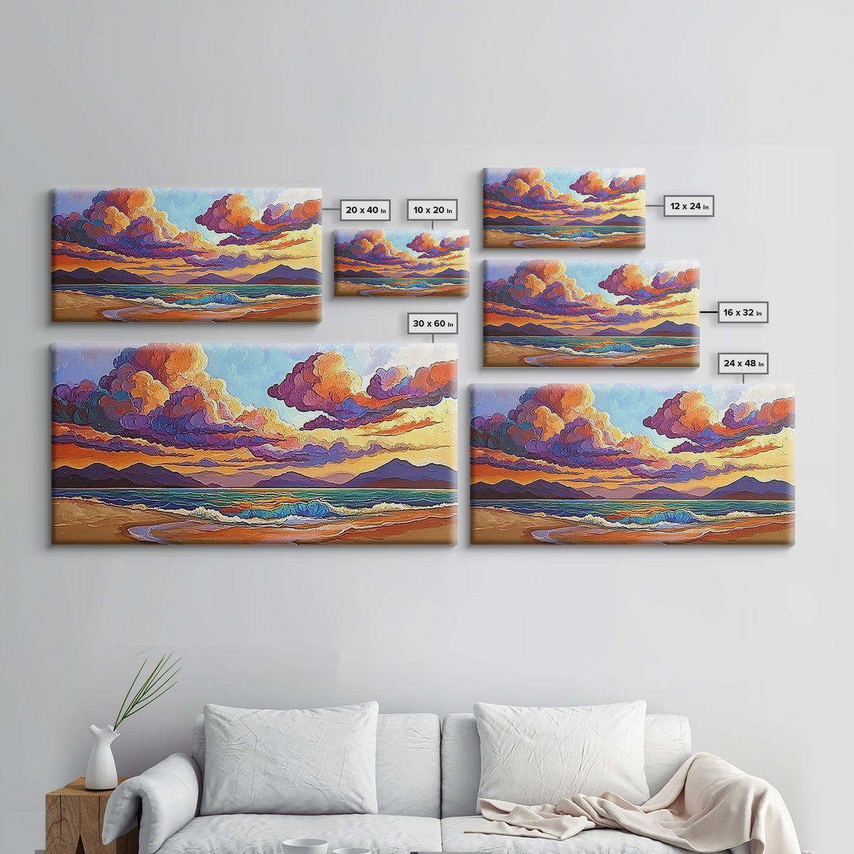 Colorful Sunset, Clouds, Mountains, Framed Canvas Print vibrant beach wall decor, sky and sea painting, boho art, coastal living room