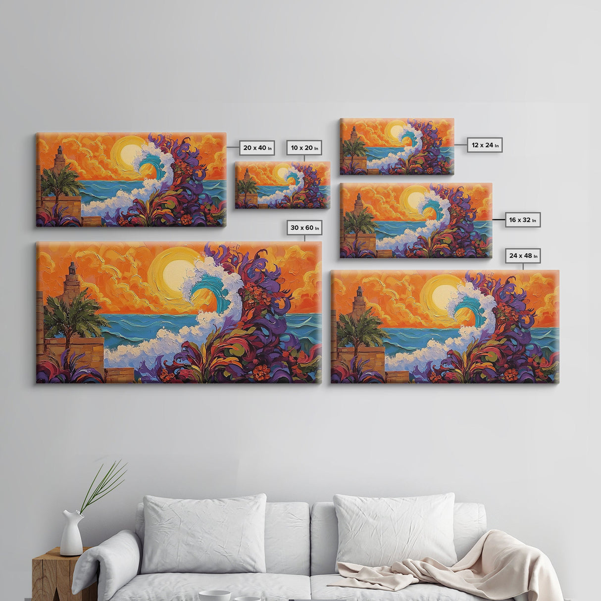 Ocean Wave, Sunset, Lighthouse, Framed Canvas Print vibrant coastal art, whimsical seascape painting, tropical decor, beach wall art