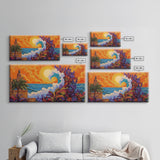 Ocean Wave, Sunset, Lighthouse, Framed Canvas Print vibrant coastal art, whimsical seascape painting, tropical decor, beach wall art