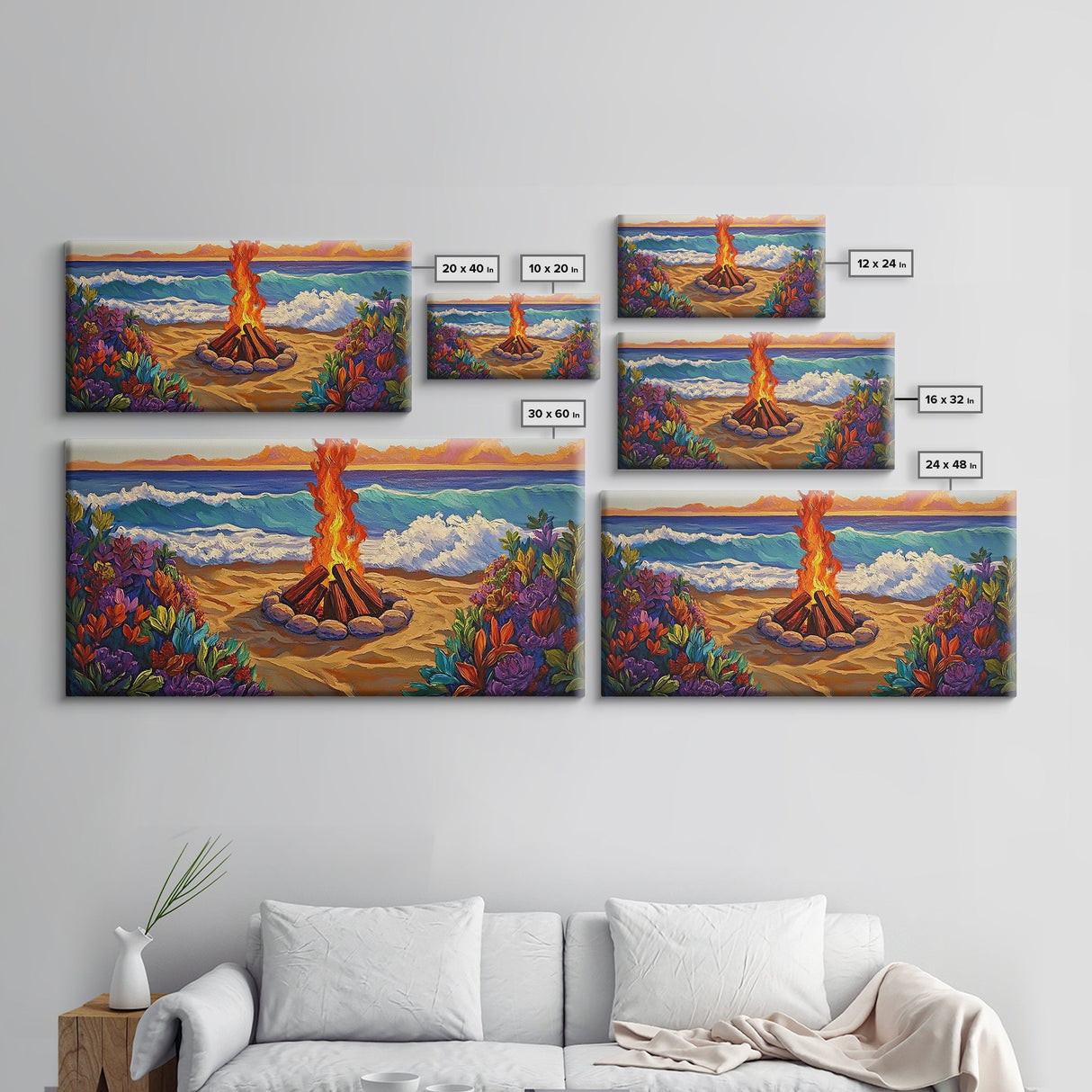 Fire Beach, Ocean, Framed Canvas Print, Sunset Beach Bonfire Painting, Vibrant Coastal Campfire Wall Art, Boho Living Room Decor