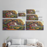Tree Bird, Village, Sunset, Canvas Print autumn countryside art, peaceful nature wall painting, colorful landscape, farmhouse decor