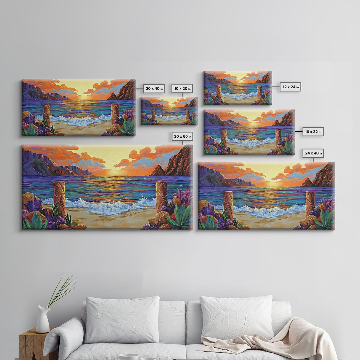 Sunset Beach, Waves, Colorful sunset beach seascape with waves and mountain view, Canvas Print, tropical coastal wall decor