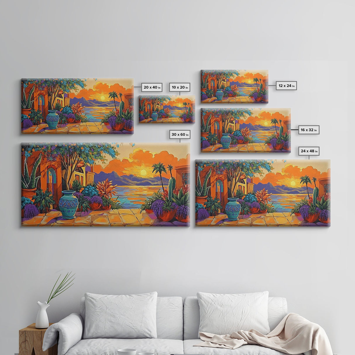 Sunset Courtyard, View, Vibrant sunset courtyard scene with ocean and mountain backdrop, Framed Canvas Print, kitchen wall art