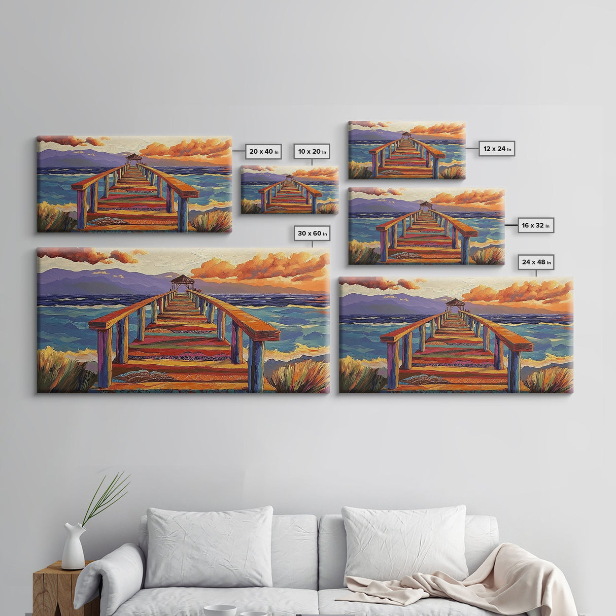 Pier Ocean, Sunset, Vibrant sunset over colorful pier walkway into the sea, Framed Canvas Print, coastal living decor