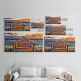 Pier Ocean, Sunset, Vibrant sunset over colorful pier walkway into the sea, Framed Canvas Print, coastal living decor