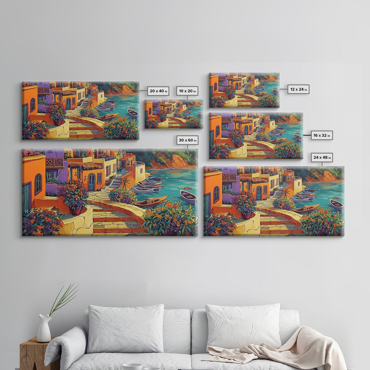 Village, Boats, Coastal, Pathway, Framed Canvas Print, Mediterranean street scene, colorful coastal home decor, kitchen wall art