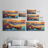Driftwood, Water, Mountains, Nature, Framed Canvas Print, Scenic log lake art, cabin lodge vibes, peaceful living room wall decor