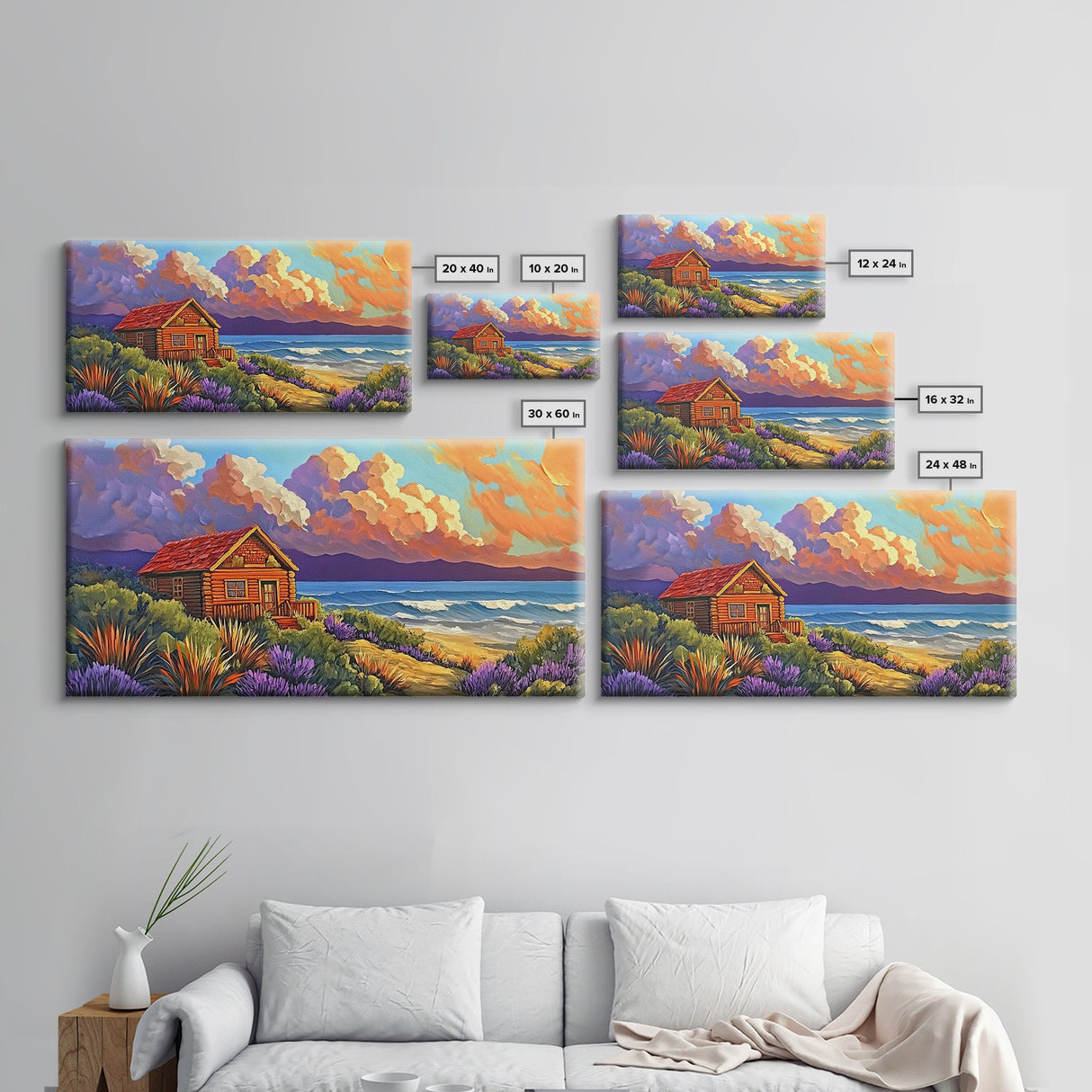 Cabin by Ocean, Colorful Beach Sunset, Cloudy Sky Art, Canvas Print, Autumn Wall Decor, Cozy Living Room Art, Rustic Coastal Scene