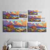 Cabin by Ocean, Colorful Beach Sunset, Cloudy Sky Art, Canvas Print, Autumn Wall Decor, Cozy Living Room Art, Rustic Coastal Scene