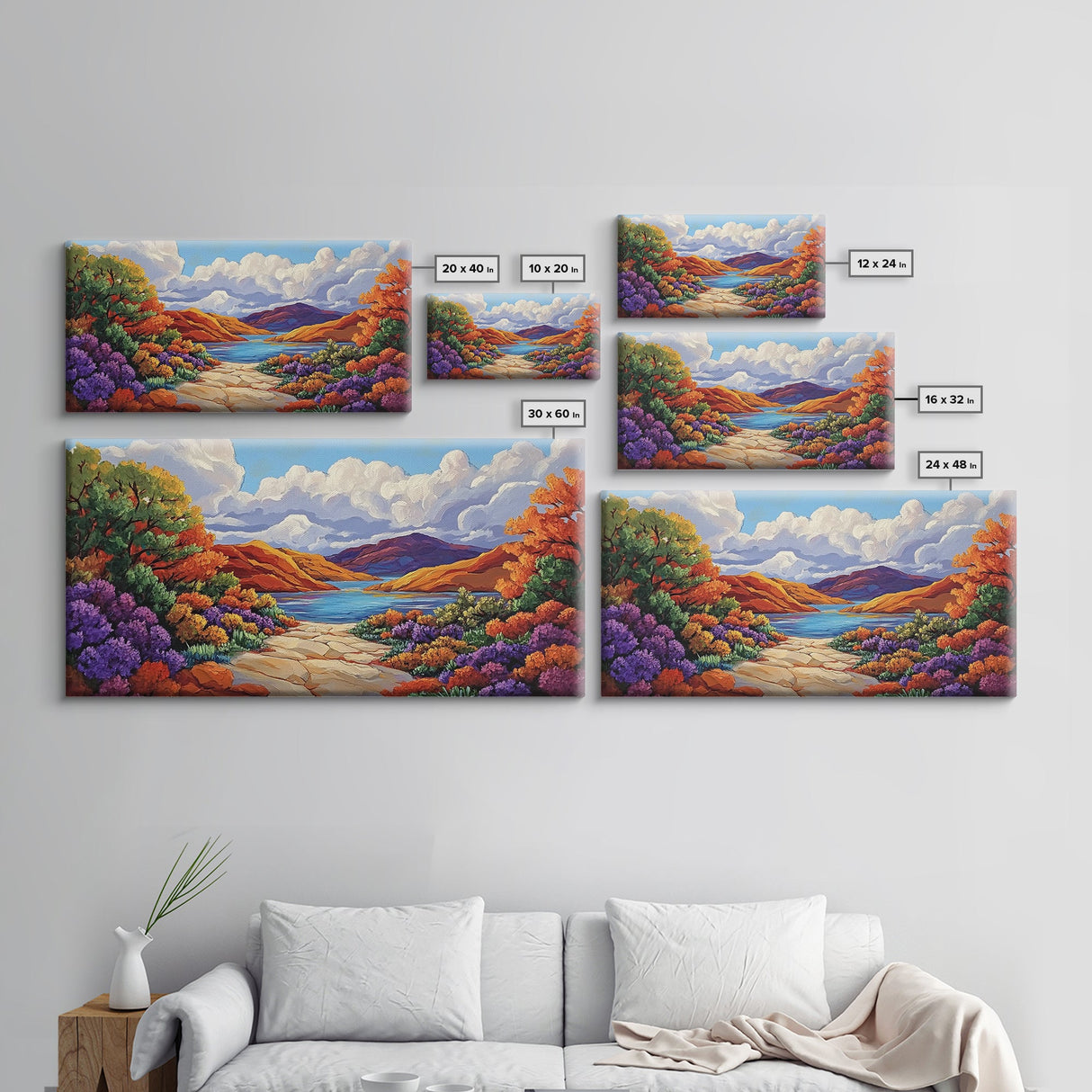 Canyon Lake Path, Colorful Wildflowers, Bold Autumn Hills, Framed Canvas Print, Nature Inspired Wall Art, Southwestern Decor